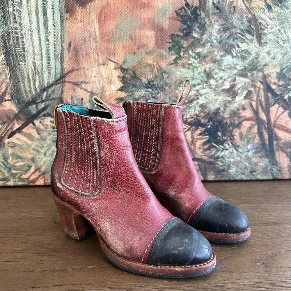 Red Leather Ankle Boots with Black Cap Toe